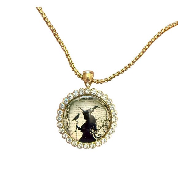 Wicked Witch Necklace 22in Gold Plated Silhouette Pendant Rhinestone Halo - Picture 1 of 11